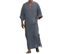 Djellaba Hombre Capucha Jelaba Hombre Marroquí Cuello Redondo Islámico Ropa de Oración Qamis Caftan Manga Larga Color Sólido Oriente Medio Pakistán Caftan Musulmanes Camisón Larga Barato, gris