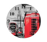 djfhwvjxt Reloj de pared de Londres, funciona con pilas, con cabina telefónica de Londres, silencioso, sin tictac, reloj de pared redondo, rojo y gris, 25 cm