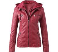 DJFOG Chaqueta Vintage para Mujer,Chaqueta De Transición Otoño Invierno Chaqueta De Cuero De Motorista con Capucha Chaqueta Bomber De Cuero Sintético,Rojo,3XL