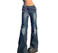 DJFOG Pantalones de Cintura Baja para Mujer Y2K 90s de Talle bajo, Pantalones Holgados con Bolsillos, Trajes de Mezclilla con Parte Inferior de Campana,Negro,M