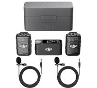 DJI Mic 2 (2 TX + 1 RX + funda de carga), micrófono inalámbrico todo en uno, cancelación de ruido inteligente, para iPhone, Android, paquete de cámara con, 2 lavalier condensador omnidireccional de