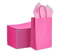 DjinnGlory Paquete de 100 bolsas de regalo pequeñas de papel rosa intenso con asas a granel de 9 x 5.5 x 3.15 pulgadas para pequeñas empresas, vacaciones, cumpleaños, bodas, fiestas de baby shower,