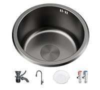 DJJYCTNM Fregadero Cocina Negro de Esquina Redondeada, Fregadero Pequeño de Cuarzo de Un Solo Seno con Grifo Extraíble y Múltiples Accesorios para Cocinas Modernas