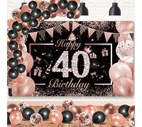 DJLLA 40 Años Decoración Mujer Rosa Oro Negro, Extra Grande Tela Pancarta Feliz Cumpleaños, Póster, Globos y Photocall Fondo para Mujer
