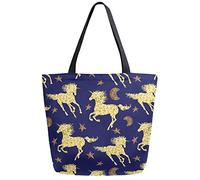 DJNGN Bolsa de compras reutilizable con diseño de estrellas de unicornio dorado, bolsa de lona, bolso grande plegable y lavable, bolso de hombro para mujer