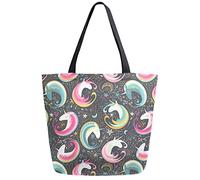 DJNGN Bolsa de compras reutilizable con diseño de luna y estrella de unicornio, bolsa de lona grande, plegable, lavable, bolso de hombro para mujer