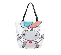DJNGN Bolsa de lona Hipopótamo divertido con gorra fresca Bolsa de transporte Bolsa de hombro informal para compras Bolsa de viaje Bolsas de comestibles reutilizables