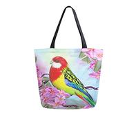 DJNGN Bolso de mano de lona Big Bird Red Parrot Mujer Bolsa de playa Primavera Verano Frangipanig Bolso de hombro Bolso grande reutilizable Ligero para ir de compras Viajes de comestibles