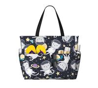 DJNGN Bolso de mano extragrande Fun Cat Astronaut para mujer, bolso de playa plegable con bolsillo, bolso de fin de semana, bolso de viaje o para pasar la noche.