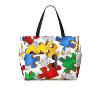 DJNGN Bolso de playa grande con diseño de rompecabezas de autismo para mujer con cremallera y bolsillo impermeable, bolso de gimnasio ligero y plegable para viajes, compras, natación y deportes.