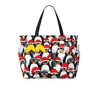 DJNGN Bolso de playa grande con estampado de pingüinos navideños para mujer, impermeable, plegable, con cremallera, ideal para viajes y vacaciones.