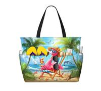 DJNGN Bolso de playa grande Flamingo para mujer, impermeable, resistente a la arena, con cremallera, ideal para la piscina, el gimnasio y viajes, con bolsillo para ropa mojada.
