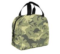 DJNGN Camuflaje Dino Patrón Bolsa de almuerzo aislada grande Animales lindos Dinosaurios vintage Dibujos animados Tyran Rex Divertida caja de almuerzo caliente para niños, niñas, hombres y mujeres