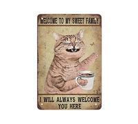 DJNGN Cartel de chapa de metal vintage Bienvenido a mi dulce familia Gato divertido Pintura de hierro Hogar Cocina Garaje Hombre Cueva Decoración de la pared Placa Arte Póster Regalo divertido