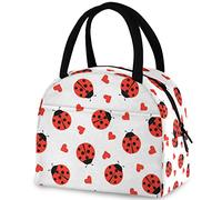 DJNGN Cute Ladybug Hearts Floral Reutilizable Lunch Tote Bag con bolsillo frontal aislado cierre de cremallera térmica Cooler Container Bag para el trabajo escolar Picnic Viajes Pesca Playa