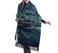 DJNGN Stormy Rainy Waves Vintage Ship Sailing Cashmere Scarf for Women Men Lightweight Oversized Fashion Soft Winter Scarves Fringe Shawl Wraps