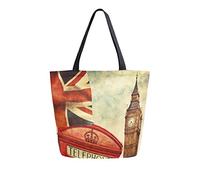 DJNGN Vintage London Telephone Booth Big Ben Flag Canvas Tote Bag Mujeres Casual Hombro Bolso Grande Reutilizable Compras Bolsa de comestibles