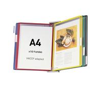 Djois Tarifold 417209 - Soporte Expositor de pared A4, 10 fundas paneles de visualización -recetas, instrucciones, documentos, lavable en acero inoxidable, marco colores surtidos, Fabricado en Francia