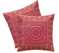 DK Homewares Étnico 16 x 16 para niños Magenta Funda De Almohada Jacquard Brocado Floral Decoración De La Sala De Estar Mandala Fundas De Almohada (40x40 Cm ; Magenta) -Conjunto de 2 Piezas