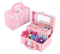 DKaony Juego de maquillaje infantil para niñas, juego de maquillaje lavable con maletín de maquillaje, juego de maquillaje para niños, juguete de rol, regalo a partir de 3 años, rosa + blanco,