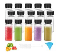 DKBT 15 botellas pequeñas para rellenar, 60 ml, botellas de jengibre para rellenar, botellas de plástico, botellas de zumo, mini botellas vacías para batidos, transparentes, con embudo, cepillo para