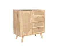 DKD Home Decor Buffet Scandi Rubberwood Ratan Metal Natural 35 x 78 x 73.5 cm con 4 Cajones y 1 Puerta