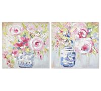 DKD Home Decor Cuadro Decorativo Tradicional Pintado a Mano Diseño Florero Rosa Azul Multicolor Lienzo Madera Pino 80x80 cm Pack 2 Unidades