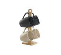 DKD Home Decor Lianfeng 21 Mug Set de 4, Estilo Scandi, Beige Gris Oscuro, 300 ml, Gres y Rubberwood, Apto Microondas y Lavavajillas