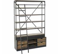 DKD Home Decor Librería Loft Pino y Metal Marrón Negro con Escalera, 4 Cajones y 5 Estanterías, Desmontable 243x160x45 cm