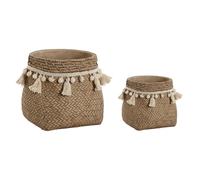 DKD Home Decor Macetero de Cemento Color Marrón Claro, Diseño Tropical con Pompones. Pack de 2 unidades. Dimensiones: 29 cm largo x 25 cm ancho x 30 cm alto.