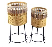 DKD Home Decor Macetero Urban de Bambú y Metal Marrón Negro Alto 68cm, 32x32cm Base, Set de 2, Hecho a Mano