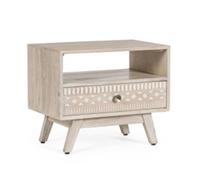 DKD Home Decor Mesita de Noche Estilo Boho Blanco Natural, Madera de Mango con 1 Cajón y Detalle de Cenefa, 55x35x45 cm