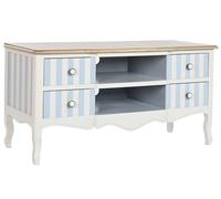 DKD Home Decor Mueble TV Mediterráneo Colección Bayona 2023 Madera Paulownia Blanco Azul Celeste 120x48x60 cm con 4 Cajones y 3 Puertas