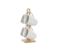 DKD Home Decor Mug Scandi Set de 4 Blanco Natural de Gres y Rubberwood 300ml Apto Microondas Lavavajillas
