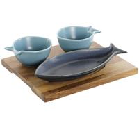 DKD Home Decor Platos de Aperitivo Mediterraneo con Peces Porcelana y Acacia Set de 4 Azul Celeste Apto Microondas Lavavajillas