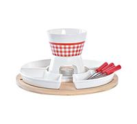 DKD Home Decor Fondue Shabby Set 10 Piezas de Gres y Bambú Colores Rojo y Blanco