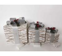 DKD Home Decor Set 3 Regalos Navidad Modernos con LED, Blanco Plateado, de Ratán, Funciona con 3 Pilas AA, 25x28x25 cm
