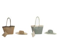 DKD Home Decor Set Bolso, Sombrero y Monedero Mediterraneo Fibra Poliéster Beige Verde Menta - Set de 3 Piezas, Pack de 2 - 43x28x10 cm