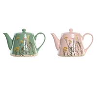 DKD Home Decor Tetera Shabby de Gres Grabado Botánico, Colores Verde y Rosa, Capacidad 850ml, Apta para Lavavajillas, Juego de 2 Unidades