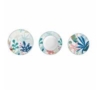 DKD Home Decor Vajilla Moderna de Porcelana en Tonos Azul y Verde con Patrón de Hojas - Set de 18 Piezas (27x27x3 cm)