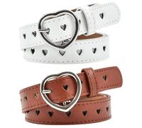 DKDDSSS 2 Piezas Cinturón para Niña, Cinturones de Cuero para Niños, Cinturones Niñas con Hebilla de Corazón, Cinturón de Ajustable, para Vestido Pantalones Vaqueros (Blanco y Marrón)
