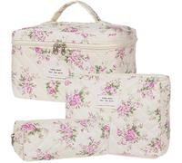 Dkieuyu Juego de 2 bolsas de maquillaje acolchadas de algodón, bolsa de maquillaje floral, bolsa de maquillaje de viaje, bolsa de cosméticos grande para mujeres y niñas, P3-3 unidades, Bolsa de