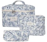 Dkieuyu Juego de 3 bolsas de maquillaje acolchadas de algodón, bolsa de maquillaje floral, bonita bolsa de maquillaje, bolsa de maquillaje de viaje, bolsa de cosméticos grande para mujeres y niñas, C,