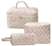 Dkieuyu Juego de 3 bolsas de maquillaje acolchadas de algodón, bolsa de maquillaje floral, bonita bolsa de maquillaje, bolsa de maquillaje de viaje, bolsa de cosméticos grande para mujeres y niñas, E,