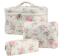 Dkieuyu Juego de 3 bolsas de maquillaje acolchadas de algodón, bolsa de maquillaje floral, bonita bolsa de maquillaje, bolsa de maquillaje de viaje, bolsa de cosméticos grande para mujeres y niñas, j,