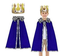 DKINY 2pcs Capa de Rey para Niños Azul Medieval Príncipe Reina Disfraz Infantil con Túnica y Corona Lunar Cosplay de Terciopelo Los Reyes Magos Fiesta Carnaval Halloween