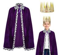 DKINY 2pcs Capa Rey de Carnaval para Niños violeta Medieval Príncipe Rey Reina Disfraz Infantil de Rey con Corona Cosplay Capa de Terciopelo para Niños Los Tres Reyes Magos Halloween Fancy Dress Party