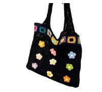 DKJAHSEK Bolso Ganchillo Flores Bolso de hombro tejido estilo étnico de gran capacidad, bohemio, de crochet, estilo informal, con estampado floral(Black)