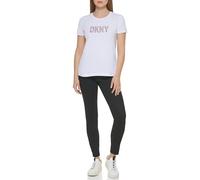 DKNY Camiseta de Manga Corta con Cuello Redondo con Purpurina, Blanco, L para Mujer