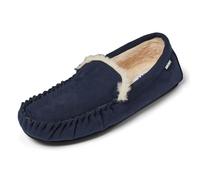 DKNY Pantuflas tipo mocasín para hombre, cálidas con forro de piel sintética, parte superior de gamuza de microfibra suave y suela de marca, cómodas pantuflas de casa para el uso diario, disponibles